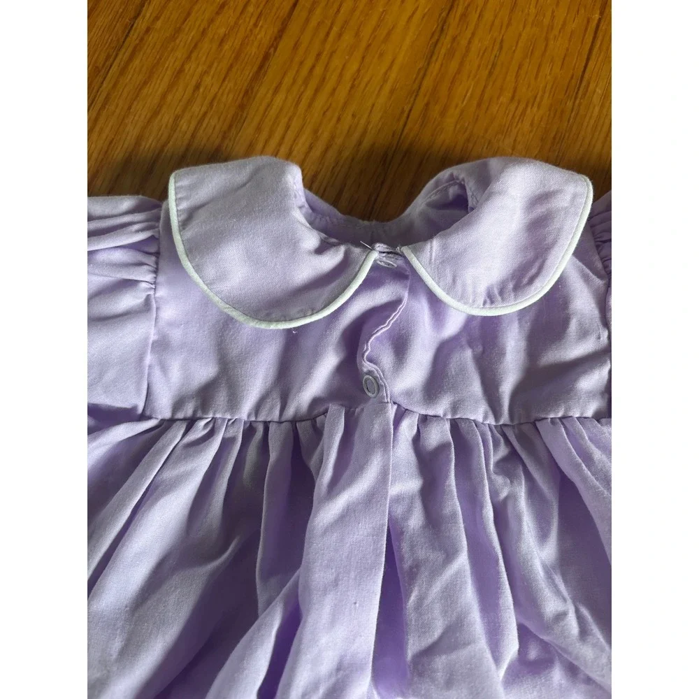Vintage Lavender Smocked Bubble‎ Romper Peter Pan Collar Eyelet Lace Trim Purple